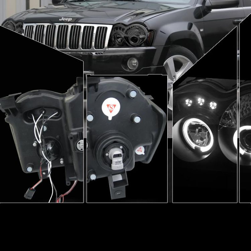 Black Bezel Dual Halo Projector LED Headlights For 2005-2007 Jeep Grand Cherokee - Pair