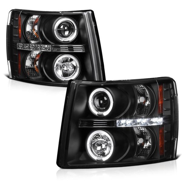 2007-2014 Chevy Silverado Dual Angel Eye Halo & LED Projector Headlights - Black