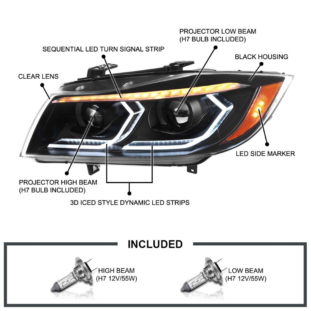 20062011 BMW E90 3 Series 4Dr Dual Projector Headlights w/ 3D LED Tube & Sequential Turn