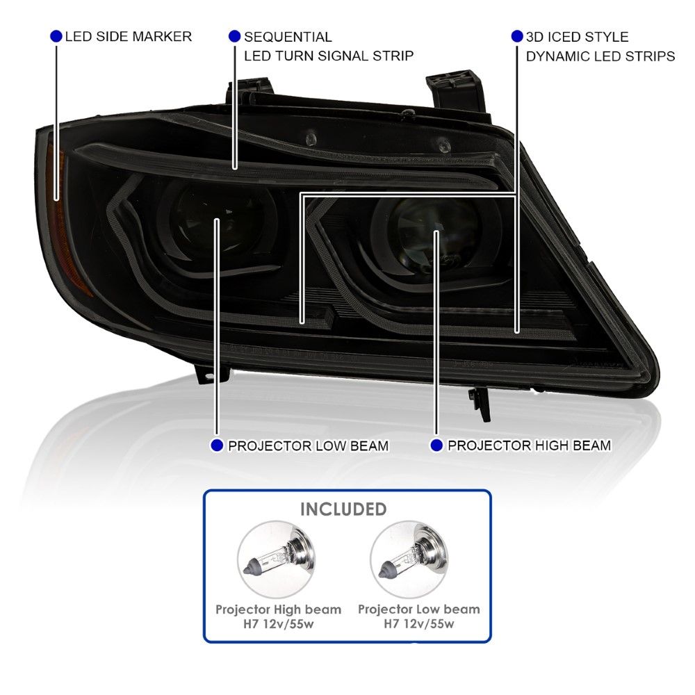 20062011 BMW E90 3 Series 4Dr Dual Projector Headlights w/ 3D LED Tube & Sequential Turn