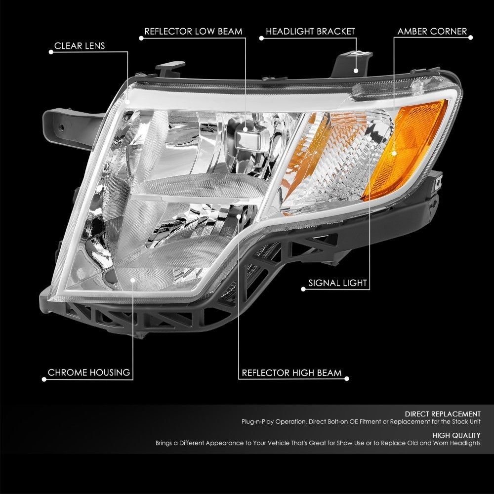 Driver Side Headlight For 2011-2014 Ford Edge – Chrome Housing, Amber, Halogen