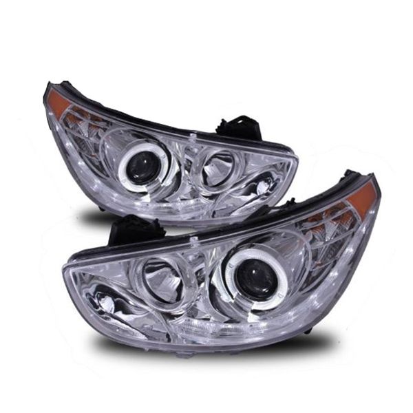 20122013 Hyundai Accent Angel Eye Halo & LED DRL Strip Projector Headlights Chrome