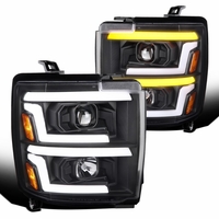 2015-2019 Chevrolet Silverado 2500HD/3500HD LED Optic Strip Headlights w/ Sequential Switchback Turn Signals -  Black Housing / Clear Lens