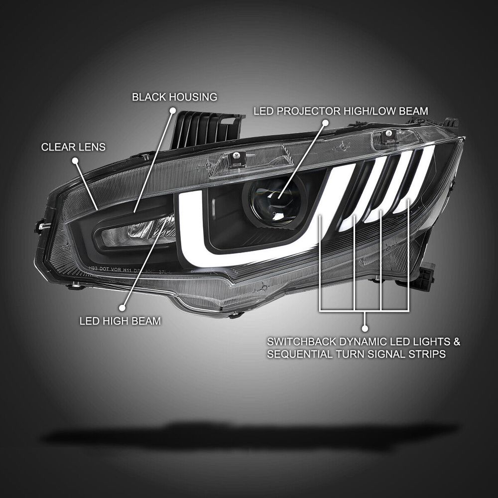 Left Driver Side Headlight Assembly For 2016-2021 Honda Civic - Halogen With LED DRL, Direct Fit Replacement