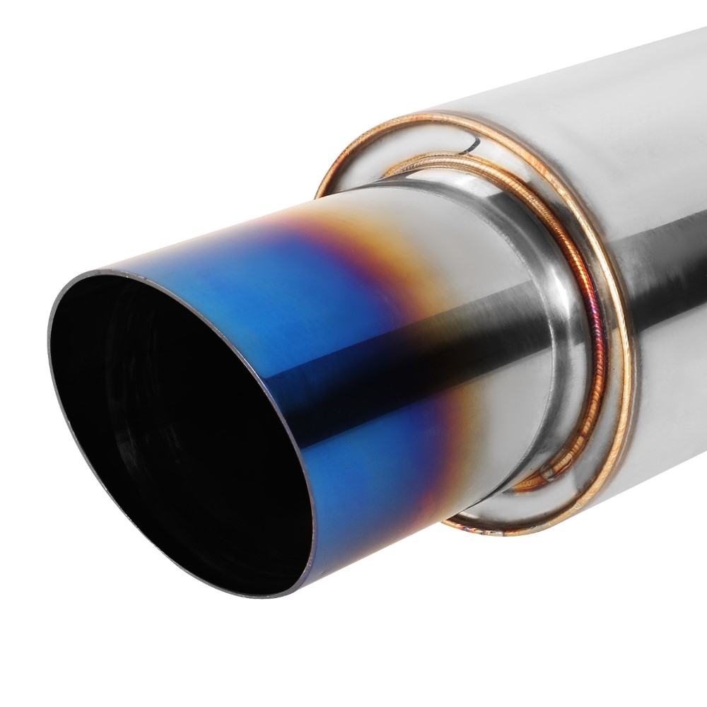 HDC Autosports Dual Titanium Burnt Slant Tip Exhaust Muffler – 2.5" Inlet, 3" Tips, Stainless Steel