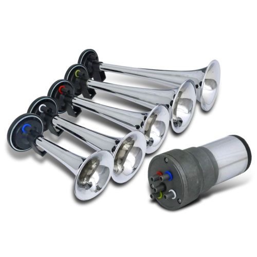 5PC Chrome Trumpet La Cucaracha Musical Air Horn Kit For Truck Car w