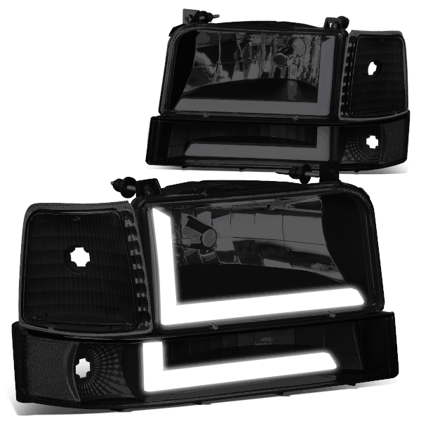 9296 Ford F150 F250 F350 6Pcs Headlight+Bumper Lamp w/LED DRL Black