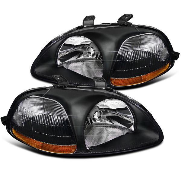 JDM Black Headlights For 96-98 Honda Civic EK – Amber Reflector – SI EX SiR LX DX