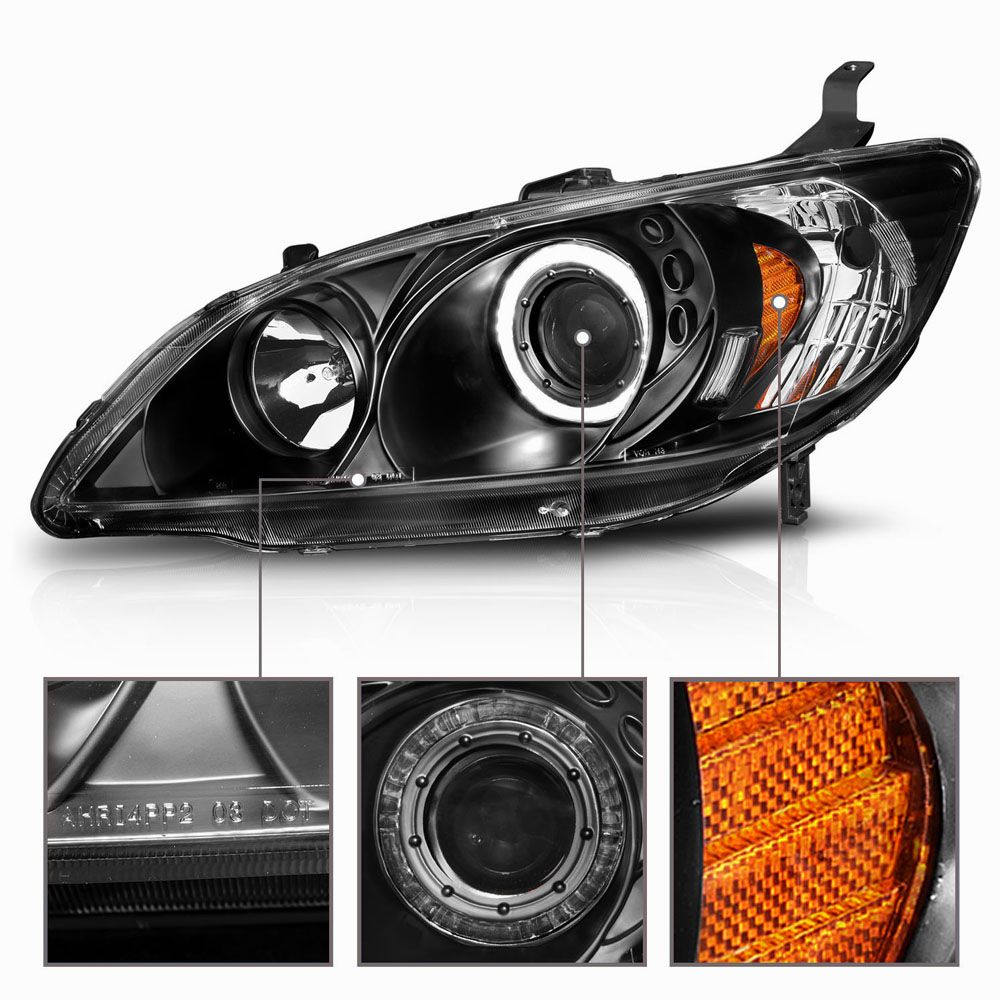 0405 Honda Civic Angel Eye Halo Projector Headlights Black