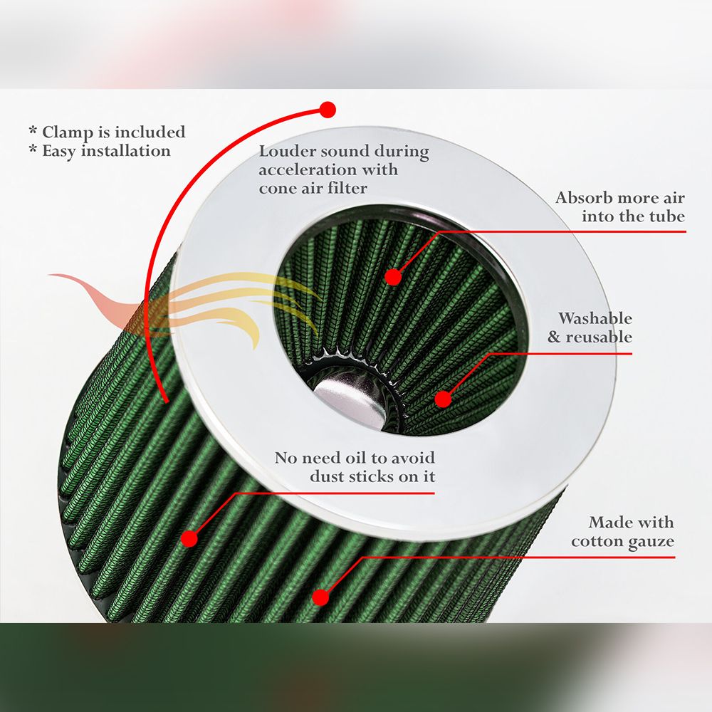 Green 3.5" 76Mm Inlet Cold Air Intake Cone Replacement Quality Dry Air