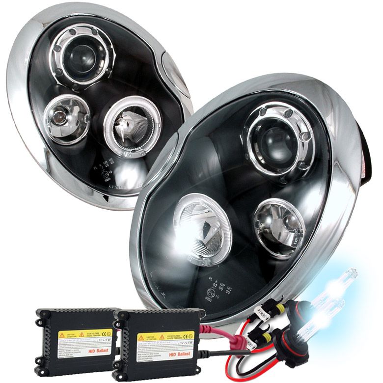 HID Xenon + 0205 Mini Cooper LED DRL Halo Projector Headlights Black