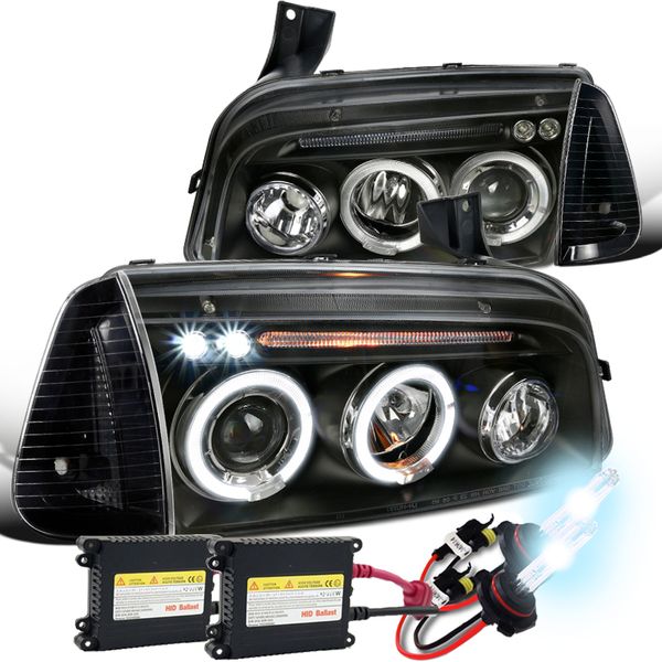 0510 Dodge Charger Dual Halo & LED Projector Headlights + HID Kit Black