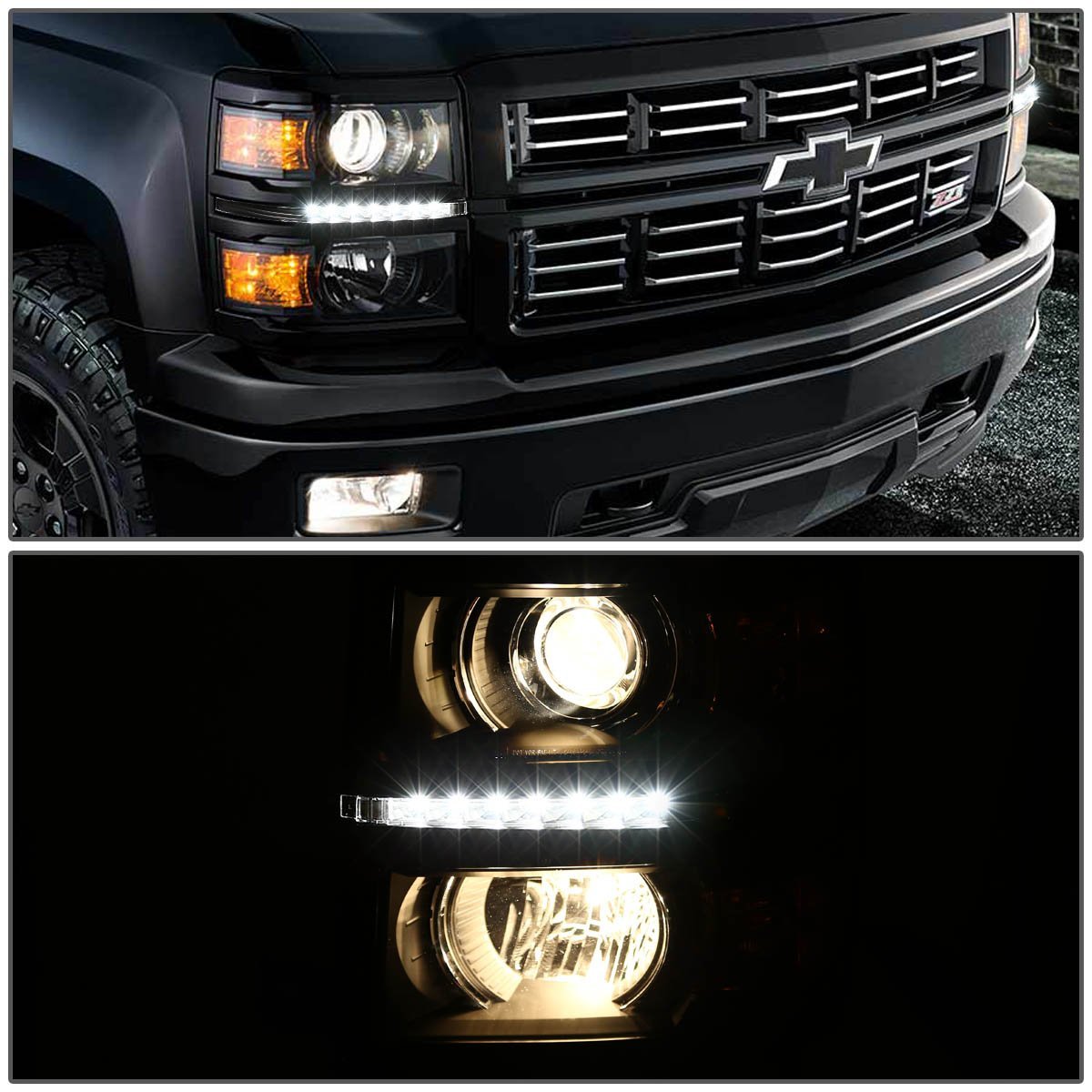 HID Xenon + 1415 Chevy Silverado LED Projector Headlights Black