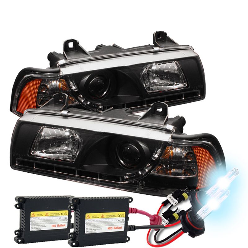 BMW E36 3Series 9298 4DR 1PC DRL LED Projector Headlights Black with HI