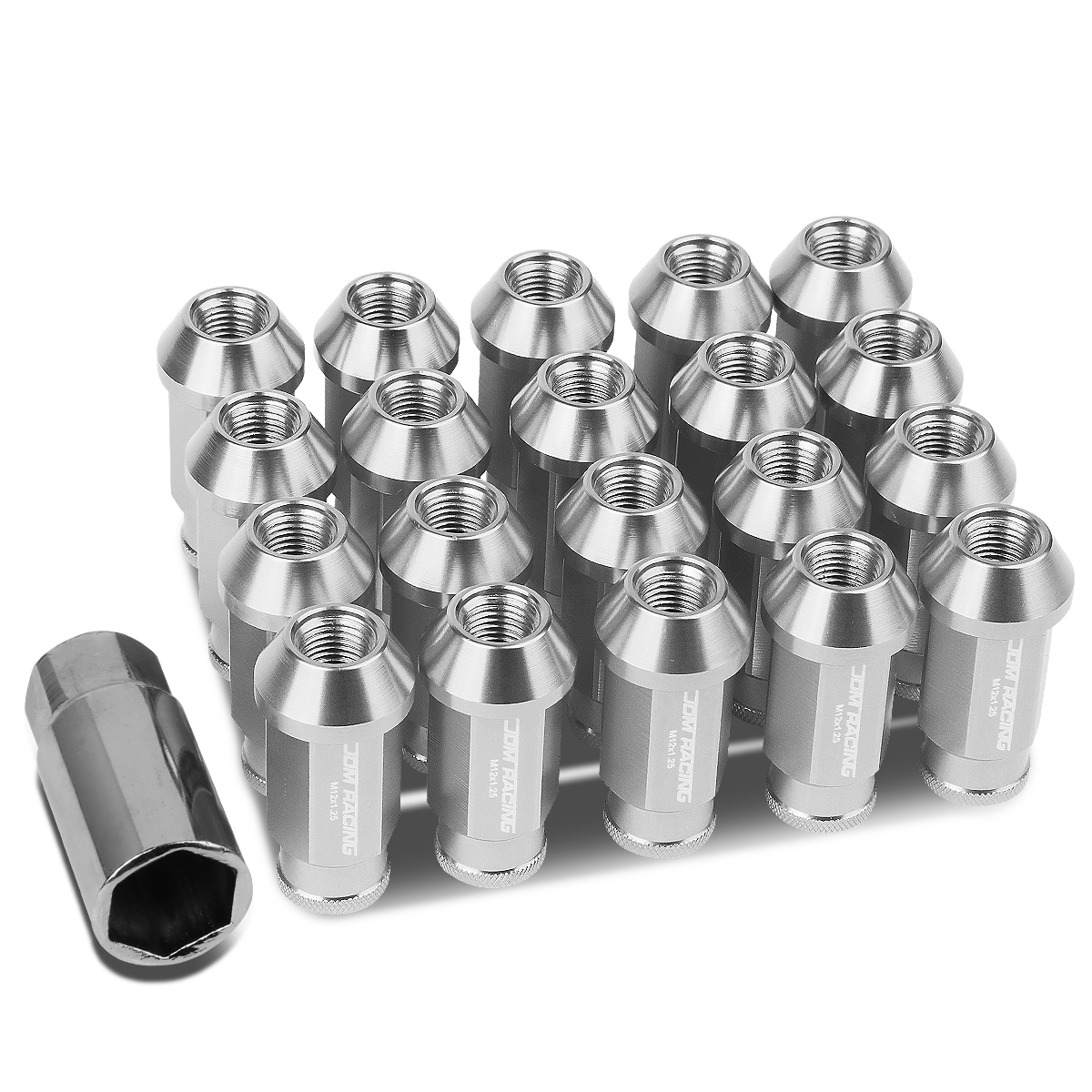 ( M12 x 1.25 ) 20Piece Aluminum AlloyWheel Lug Nuts + Deep Drive Extension Silver