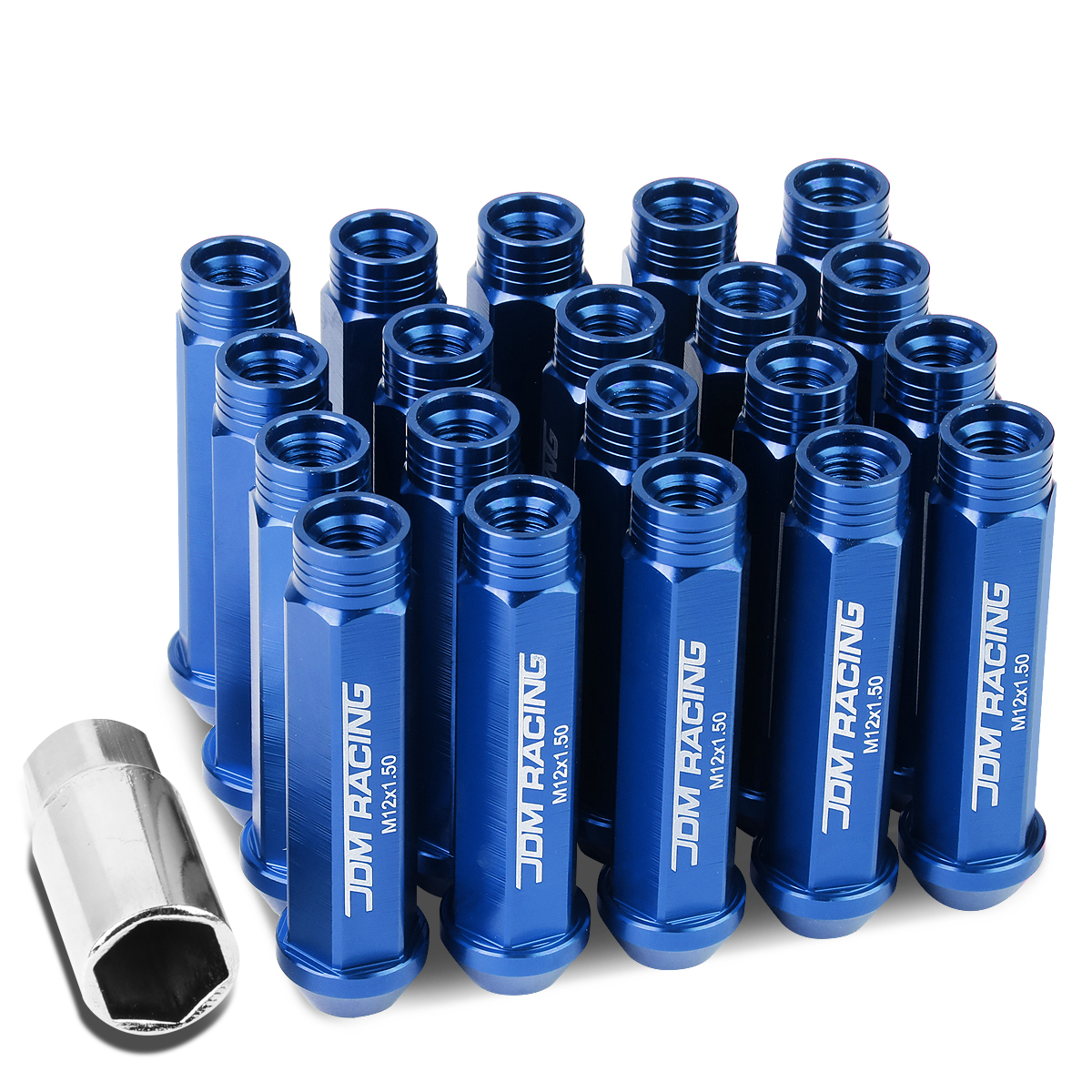 M12 x 1.5 Open End 20Piece Aluminum Alloy Wheel Lug Nuts + Deep Drive Extension Blue