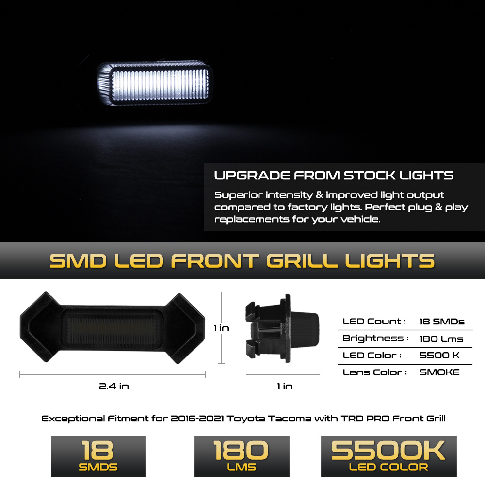 White LED Front Grille Lights For 20162023 Toyota Smoked