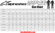 Alpinestars Vapor SFI Auto Racing Suit Black/White Size Chart