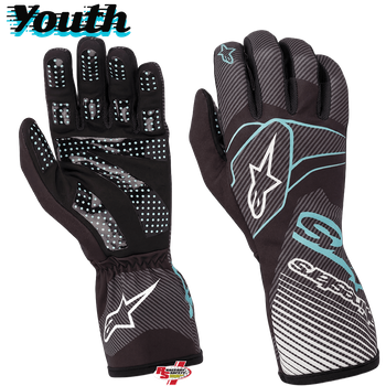 Alpinestars Youth Kart Racing Gloves Tech-1 K RACE S V2 Carbon Black and Turquoise