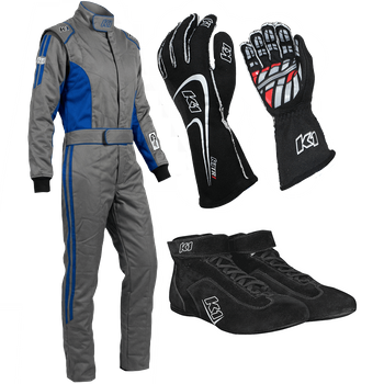 K1 RaceGear Challenger Gray/Blue Package: Includes Challenger Race Suit, Track-1 Race Gloves and Challenger Race Shoes
