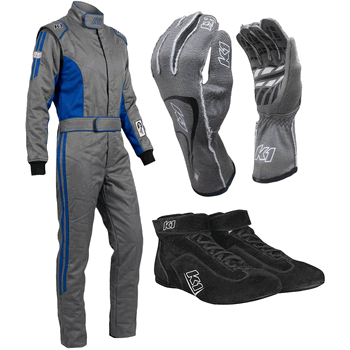 K1 RaceGear Challenger Gray/Blue Package: Includes Challenger Race Suit, Track-1 Race Gloves and Challenger Race Shoes