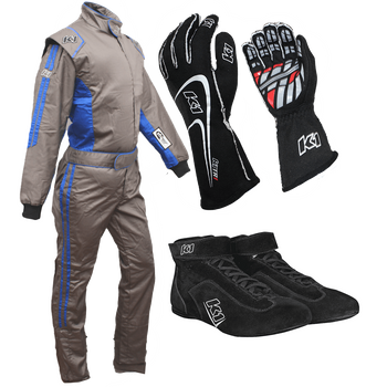 K1 RaceGear Challenger Gray/Blue Package: Includes Challenger Race Suit, Track-1 Race Gloves and Challenger Race Shoes