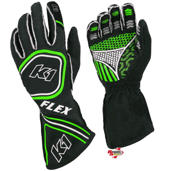 K1 RaceGear Flex Gloves Black/Flo Green <br>SFI 3.3/5