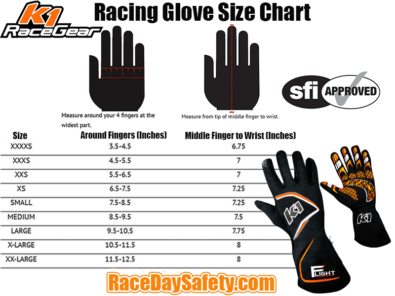 K1 RaceGear Flight SFI Racing Gloves Black/Flo Orange <br>SFI 3.3/5