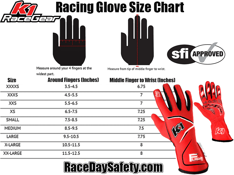 K1 RaceGear Flight SFI Racing Gloves Red <br>SFI 3.3/5