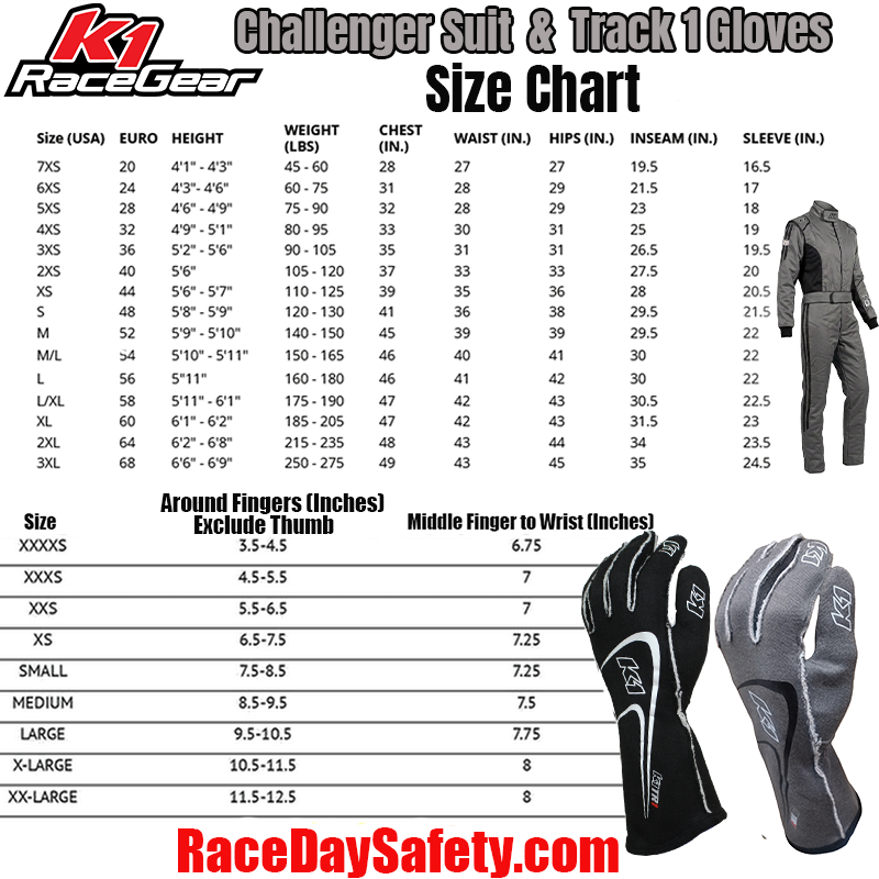 K1 RaceGear Challenger Gray/Black Package: Includes Challenger Race Suit, Track-1 Race Gloves and Challenger Race Shoes