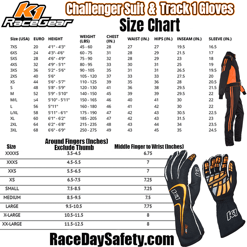 K1 RaceGear Challenger Orange Package: Includes Challenger Race Suit, Track-1 Race Gloves and Challenger Race Shoes