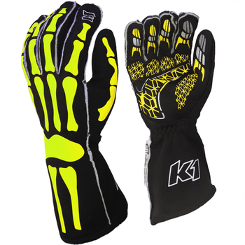 K1 RaceGear SKELETON Nomex® Racing Gloves Black/Flo Yellow <br>SFI 3.3/5