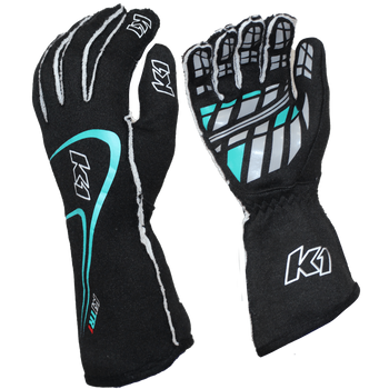 K1 RaceGear Track 1 Nomex® Racing Gloves Black/Teal <br>SFI 3.3/5
