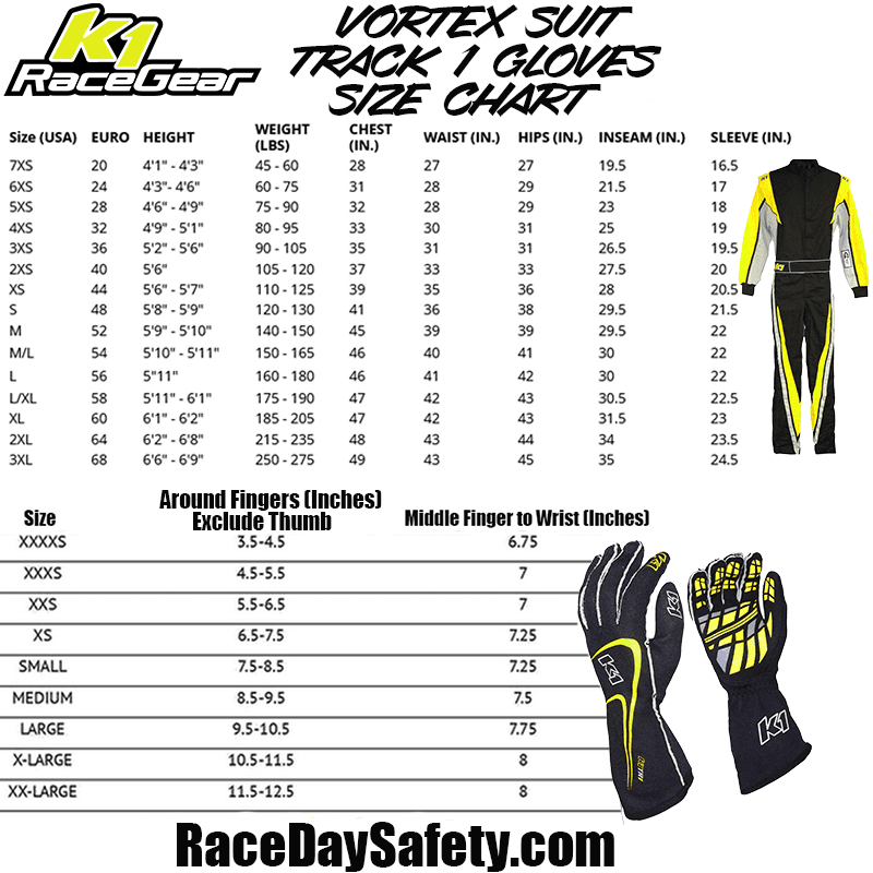 K1 RaceGear Vortex Flo Yellow Package: Includes Vortex Race Suit, Track-1 Race Gloves and Challenger Race Shoes