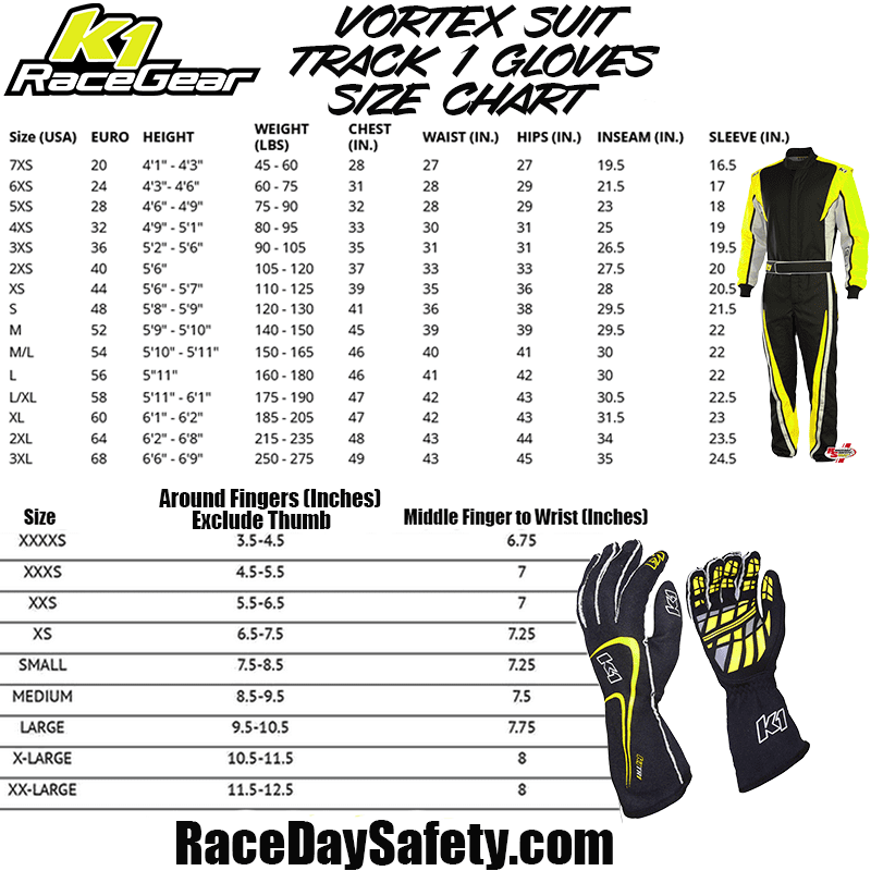 K1 RaceGear Vortex Flo Yellow Package: Includes Vortex Race Suit, Track-1 Race Gloves and Challenger Race Shoes