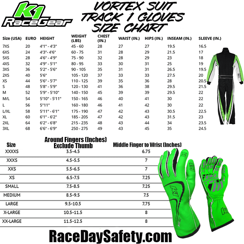 K1 RaceGear Vortex Flo Green Package: Includes Vortex Race Suit, Track-1 Race Gloves and Challenger Race Shoes