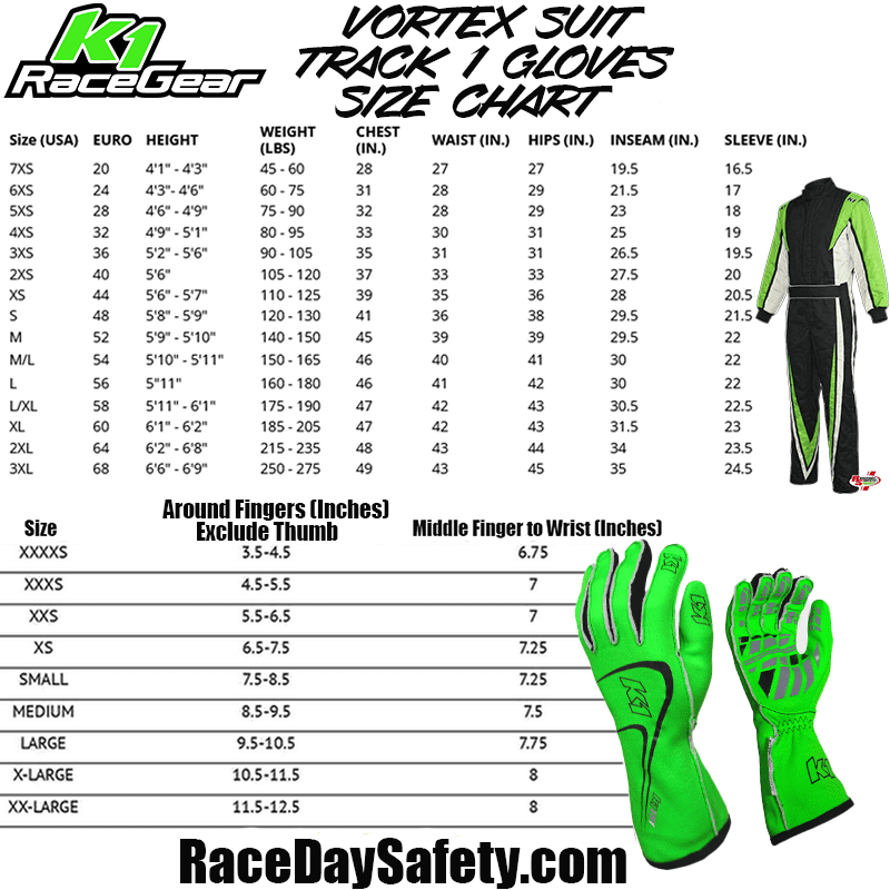K1 RaceGear Vortex Flo Green Package: Includes Vortex Race Suit, Track-1 Race Gloves and Challenger Race Shoes