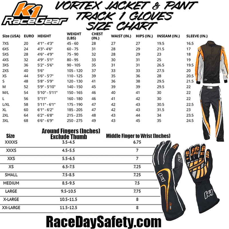 K1 RaceGear Vortex Flo Orange 2 pc Package: Includes Vortex Race Jacket, Pants, Track-1 Race Gloves and Challenger Shoes