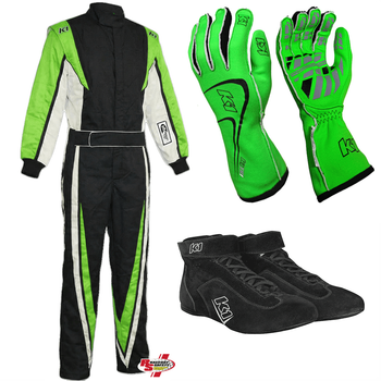 K1 RaceGear Vortex Flo Green Package: Includes Vortex Race Suit, Track-1 Race Gloves and Challenger Race Shoes