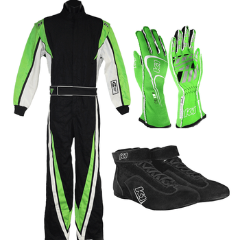 K1 RaceGear Vortex Flo Green Package: Includes Vortex Race Suit, Track-1 Race Gloves and Challenger Race Shoes