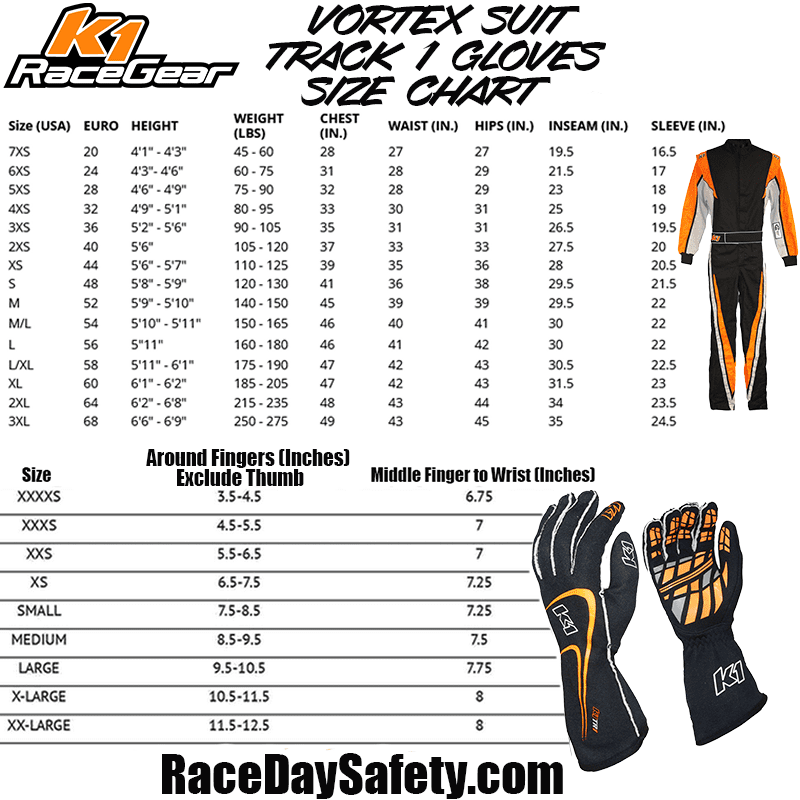 K1 RaceGear Vortex Flo Orange Package: Includes Vortex Race Suit, Track-1 Race Gloves and Challenger Race Shoes