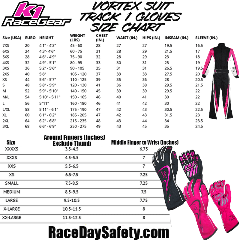 K1 RaceGear Vortex Flo Pink Package: Includes Vortex Race Suit, Track-1 Race Gloves and Challenger Race Shoes