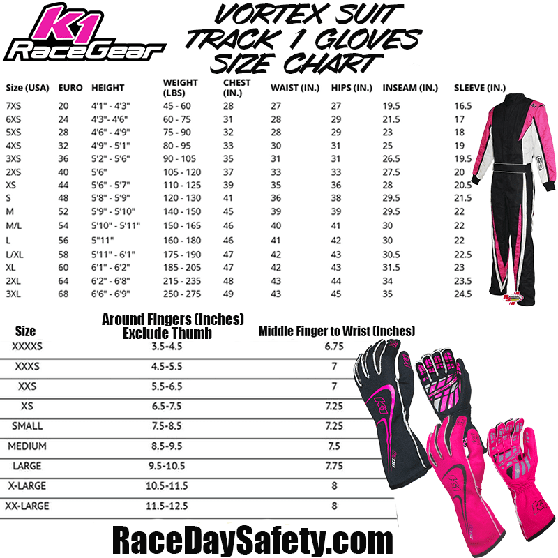 K1 RaceGear Vortex Flo Pink Package: Includes Vortex Race Suit, Track-1 Race Gloves and Challenger Race Shoes