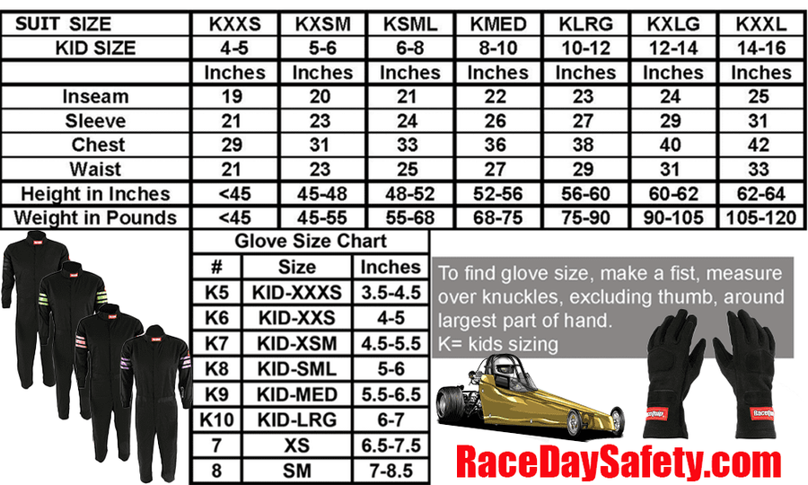 RaceDay Jr Dragster Package Race Suit, Gloves, Neck Collar, Arm Restraints