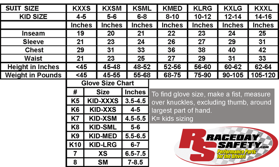 RaceDay Jr Dragster Package Race Suit, Gloves, Neck Collar, Arm Restraints