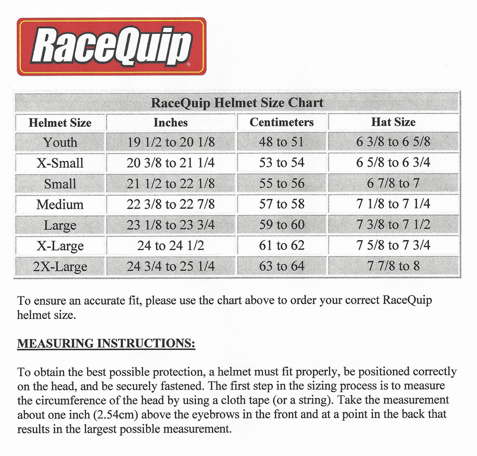 RaceQuip Racing Helmet Size Chart