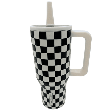 Sweet Victory Black Checkered 30oz Tumbler with Handle and Straw