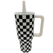 Sweet Victory Black Checkered 30oz Tumbler with Handle and Straw