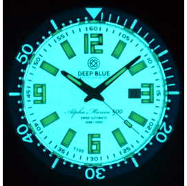 ALPHA MARINE 500 T-100 TRITIUM SWISS AUTOMATIC WHITE DIAL LUME BLUE GREEN TRITIUM TUBES
