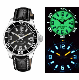  ALPHA MARINE 500 TRITIUM TUBES T-100 SWISS AUTOMATIC BLACK DIAL - BEZEL LUME BGW9 - LEATHER STRAP